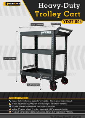 260kg Capacity Steel Heavy-Duty Trolley Cart with 5" Rubber Wheels for Workshop Tool Transport